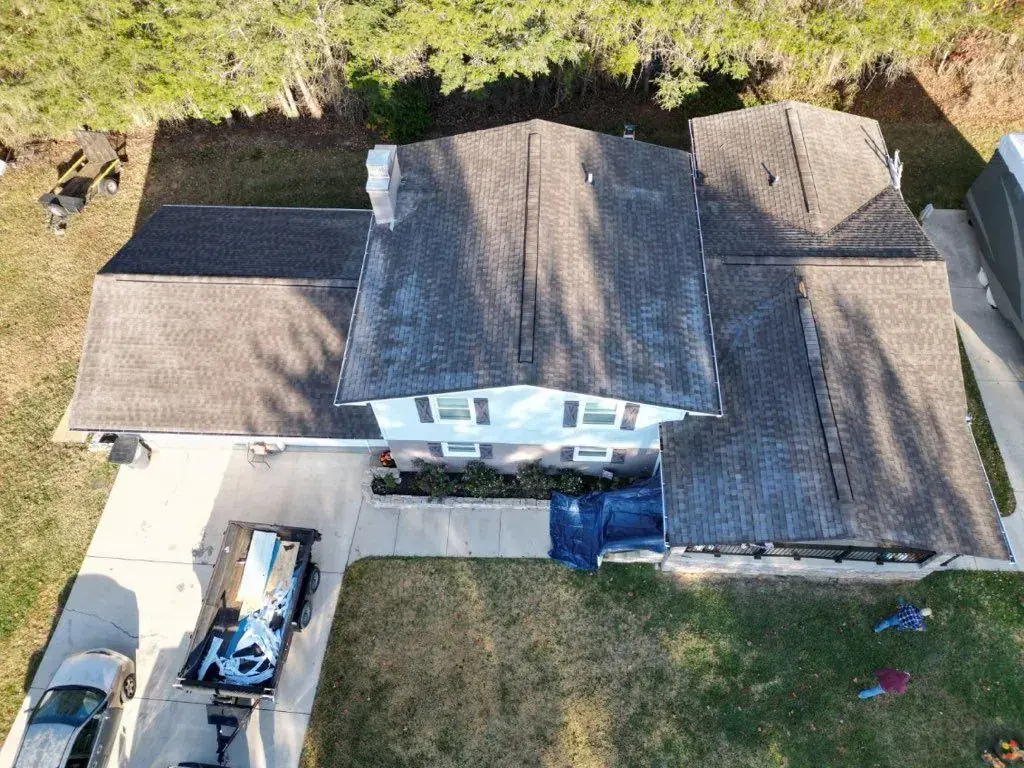 Aerial view of a completed Palisade Roofing project in Colonial Heights, Kingsport, TN